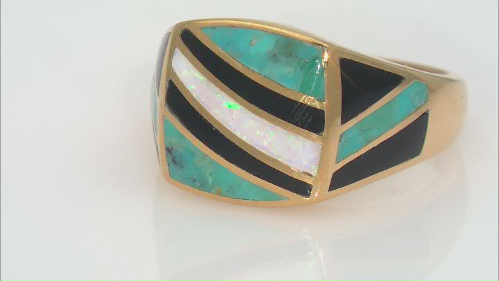 Lab Created Opal, Turquoise & Onyx 18k Yellow Gold Over Silver Men's Inlay Ring Video Thumbnail
