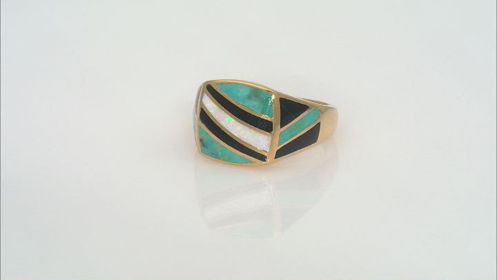 Lab Created Opal, Turquoise & Onyx 18k Yellow Gold Over Silver Men's Inlay Ring Video Thumbnail