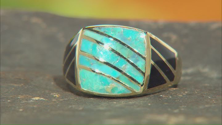 Blue Turquoise & Black Onyx 18k Yellow Gold Over Silver Men's Inlay Ring Video Thumbnail