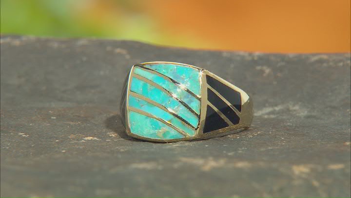 Blue Turquoise & Black Onyx 18k Yellow Gold Over Silver Men's Inlay Ring Video Thumbnail