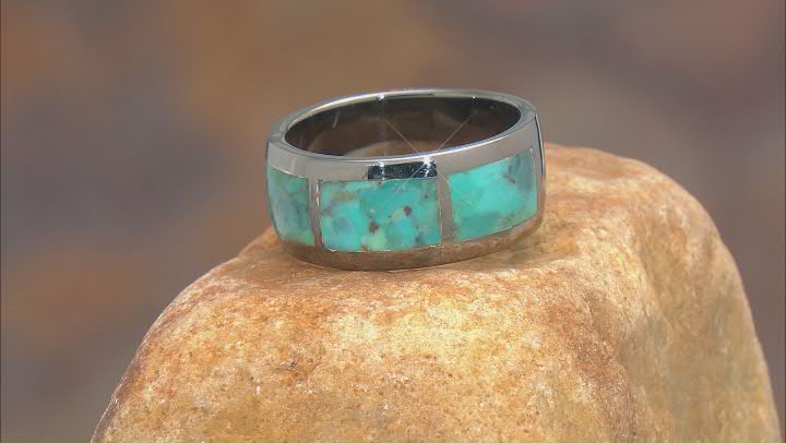 Blue Turquoise Black Rhodium Over Sterling Silver Men's Inlay Ring Video Thumbnail