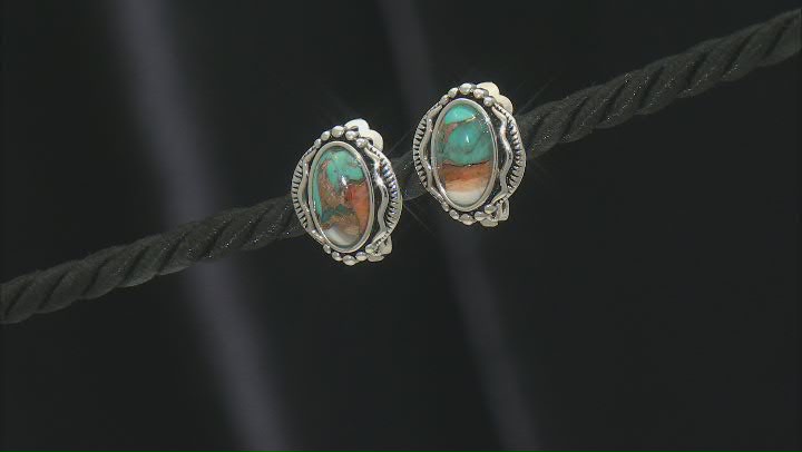 Blended Turquoise & Spiny Oyster Shell Rhodium Over Silver Clip-On Earrings Video Thumbnail