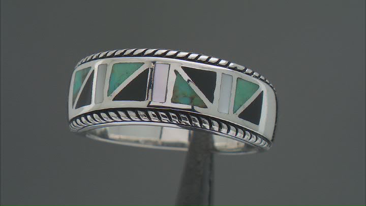 Blue Turquoise, Mother-of-Pearl & Black Onyx Rhodium Over Silver Band Ring Video Thumbnail