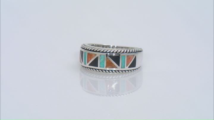 Blue Turquoise, Spiny Oyster Shell & Black Onyx Rhodium Over Silver Band Ring Video Thumbnail