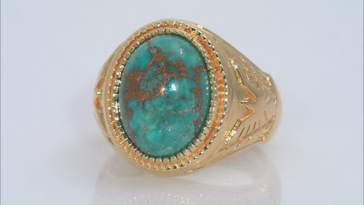 Blue Turquoise 18k Yellow Gold Over Silver Men's Ring Video Thumbnail