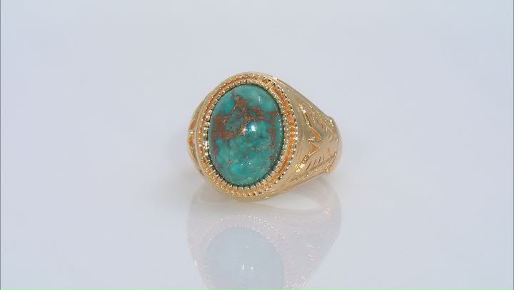 Blue Turquoise 18k Yellow Gold Over Silver Men's Ring Video Thumbnail