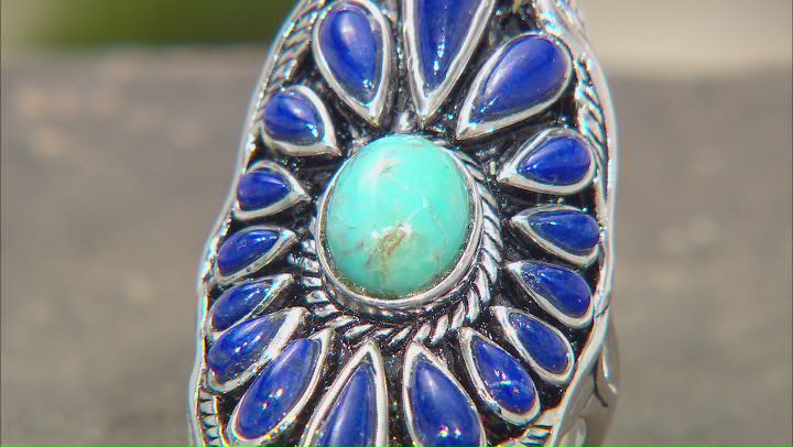 Blue Turquoise & Lapis Lazuli Rhodium Over Sterling Silver Ring Video Thumbnail