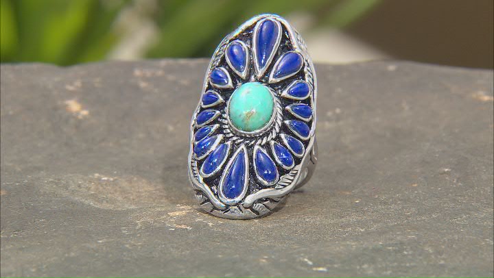 Blue Turquoise & Lapis Lazuli Rhodium Over Sterling Silver Ring Video Thumbnail
