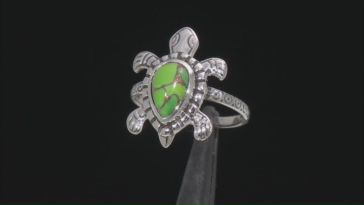 Green Turquoise Sterling Silver Oxidized Turtle Ring Video Thumbnail
