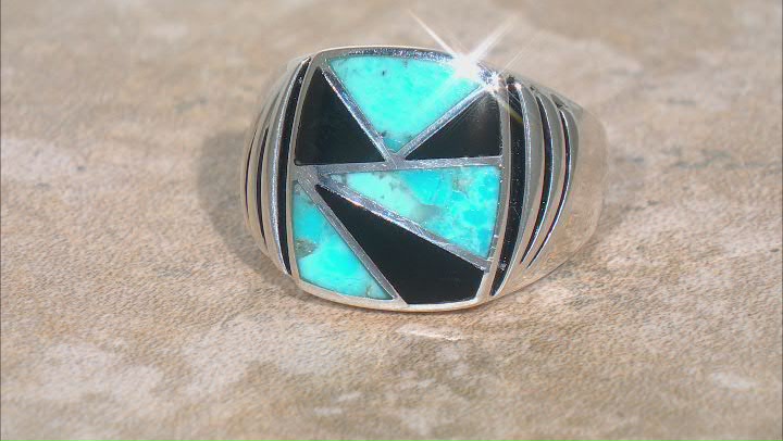 Blue Turquoise & Black Onyx Rhodium Over Silver Men's Ring Video Thumbnail