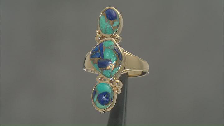 Blue Turquoise and Lapis 18k Yellow Gold Over Sterling Silver 3 Stone Ring Video Thumbnail