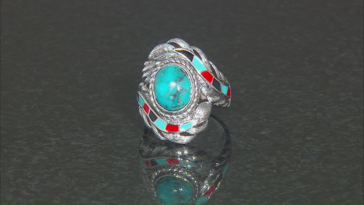 Blue Turquoise with Multi Color Enamel Sterling Silver Ring Video Thumbnail
