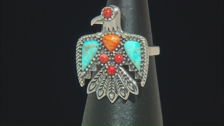 Blue Turquoise, Spiny Oyster Shell & Red Coral Sterling Silver "Thunderbird" Ring Video Thumbnail