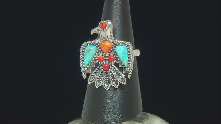 Blue Turquoise, Spiny Oyster Shell & Red Coral Sterling Silver "Thunderbird" Ring Video Thumbnail