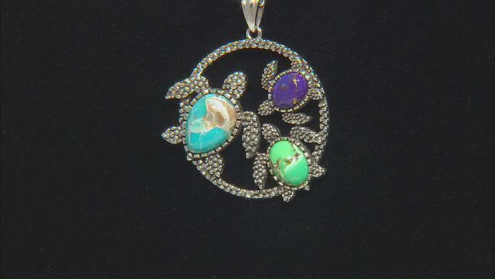 Mixed Color Turquoise Sterling Silver Turtle Pendant with Chain Video Thumbnail