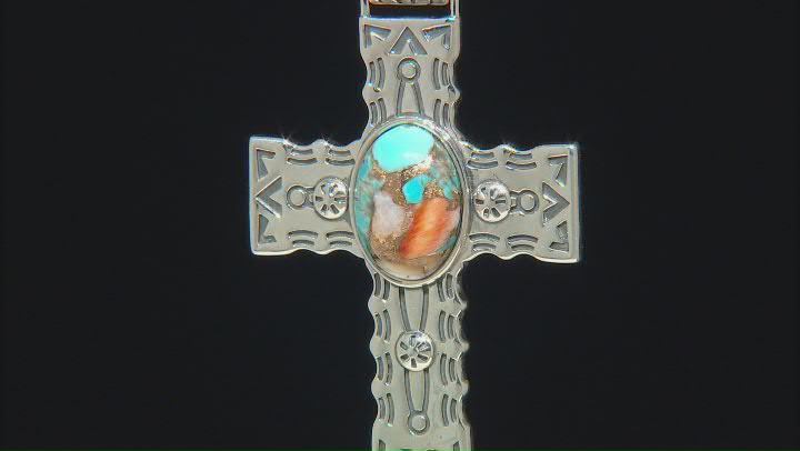 Blended Turquoise & Orange Spiny Oyster Shell Sterling Silver Cross Enhancer Pendant Video Thumbnail
