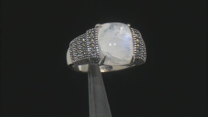 Rainbow Moonstone with Marcasite Rhodium Over Sterling Silver Ring. 12x10mm Video Thumbnail