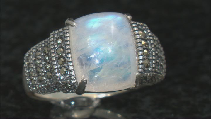 Rainbow Moonstone with Marcasite Rhodium Over Sterling Silver Ring. 12x10mm Video Thumbnail