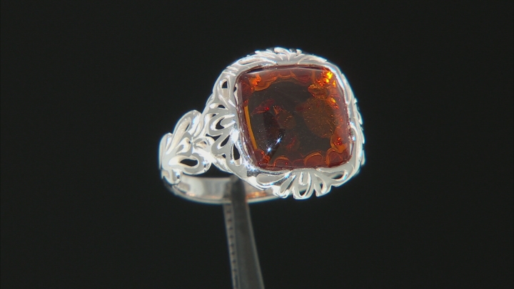 Orange Square Cabochon Cognac Amber Sterling Silver Solitaire Ring Video Thumbnail