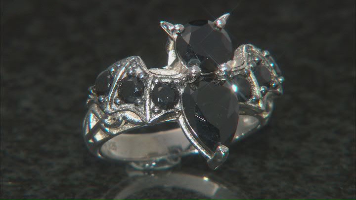 Black Spinel Rhodium Over Sterling Silver Bat Ring 3.22ctw Video Thumbnail