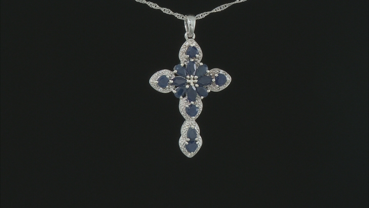 Blue Sapphire Rhodium Over Sterling Silver Cross Pendant With Chain 5.23ctw Video Thumbnail