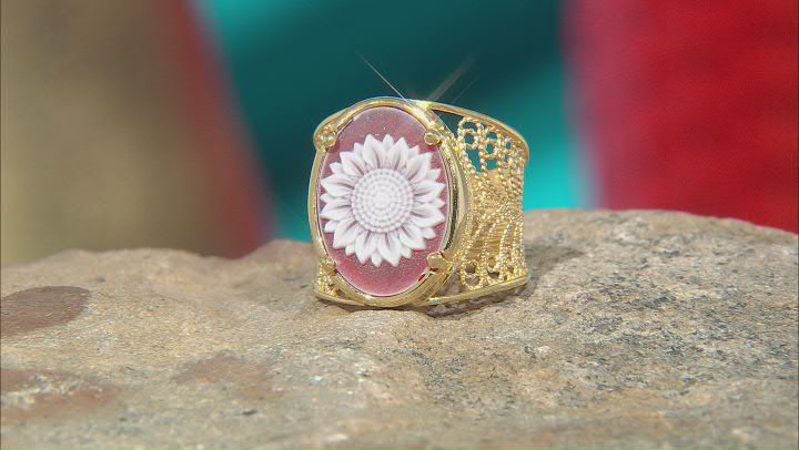 Red Agate &  Resin Cameo 18K  Yellow Gold Over Sterling Silver Sunflower Ring Video Thumbnail