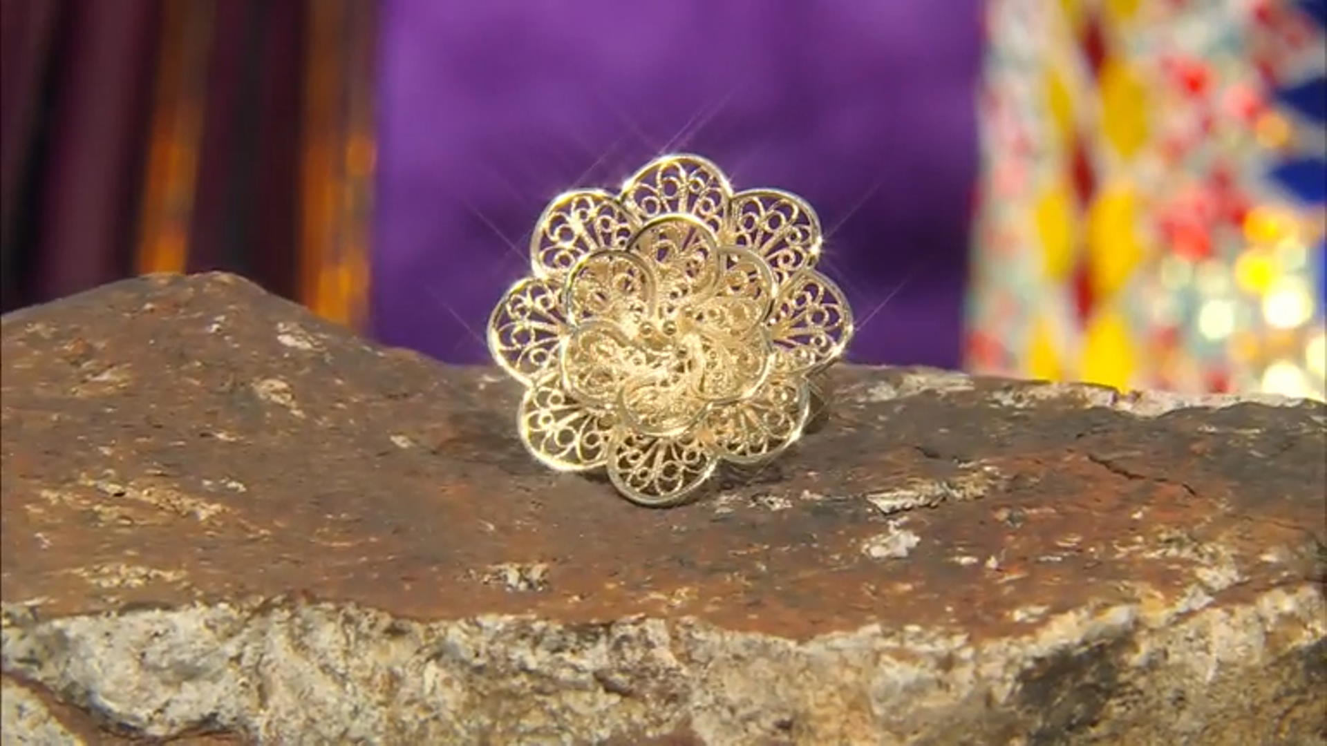 18k Yellow Gold Over Sterling Silver Flower Filigree Ring Video Thumbnail