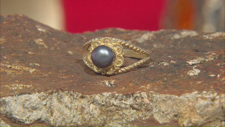 Black Cultured Freshwater Pearl 18K Yellow Gold Over Sterling Silver Ring Video Thumbnail