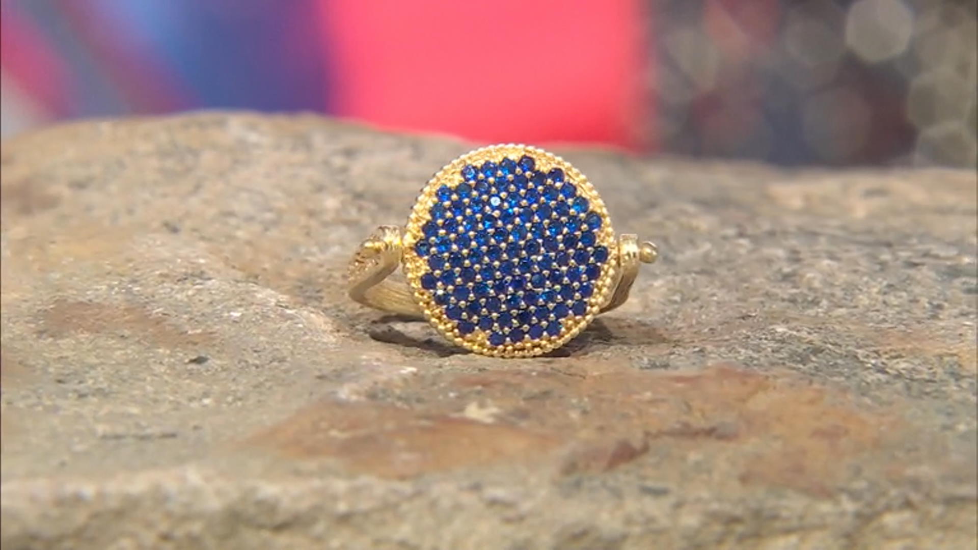 Blue Crystal 18k Yellow Gold Over Sterling Silver  Filigree Spinner Ring Video Thumbnail
