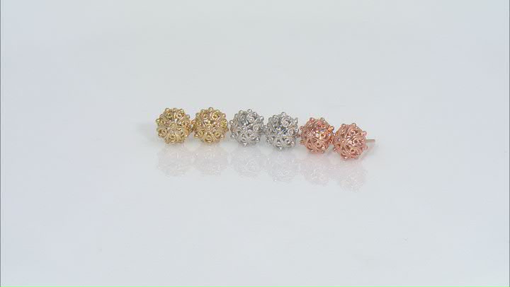 Sterling Silver, 18k Yellow Gold & Rose Gold Over Silver Set of 3 Stud Earrings Video Thumbnail