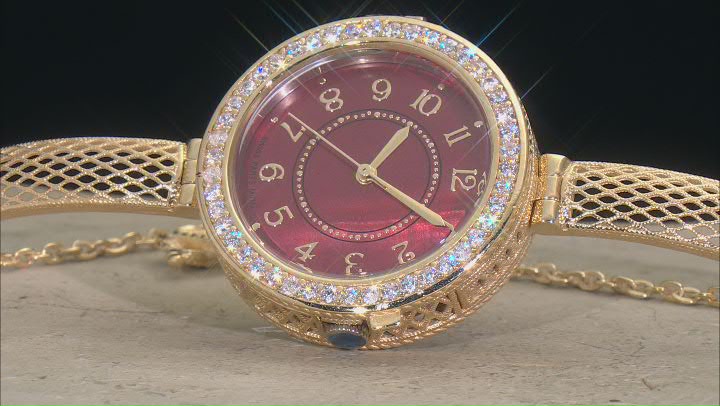 Red Mother of Pearl 18k Yellow Gold Over Bronze with White Cubic Zirconia Dial Watch 1.15ct Video Thumbnail