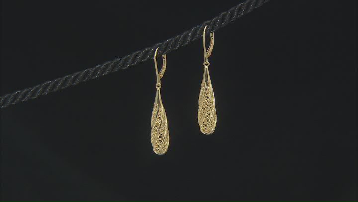 18K Yellow Gold Over Sterling Silver Filigree Tear Drop Dangle Earring Video Thumbnail