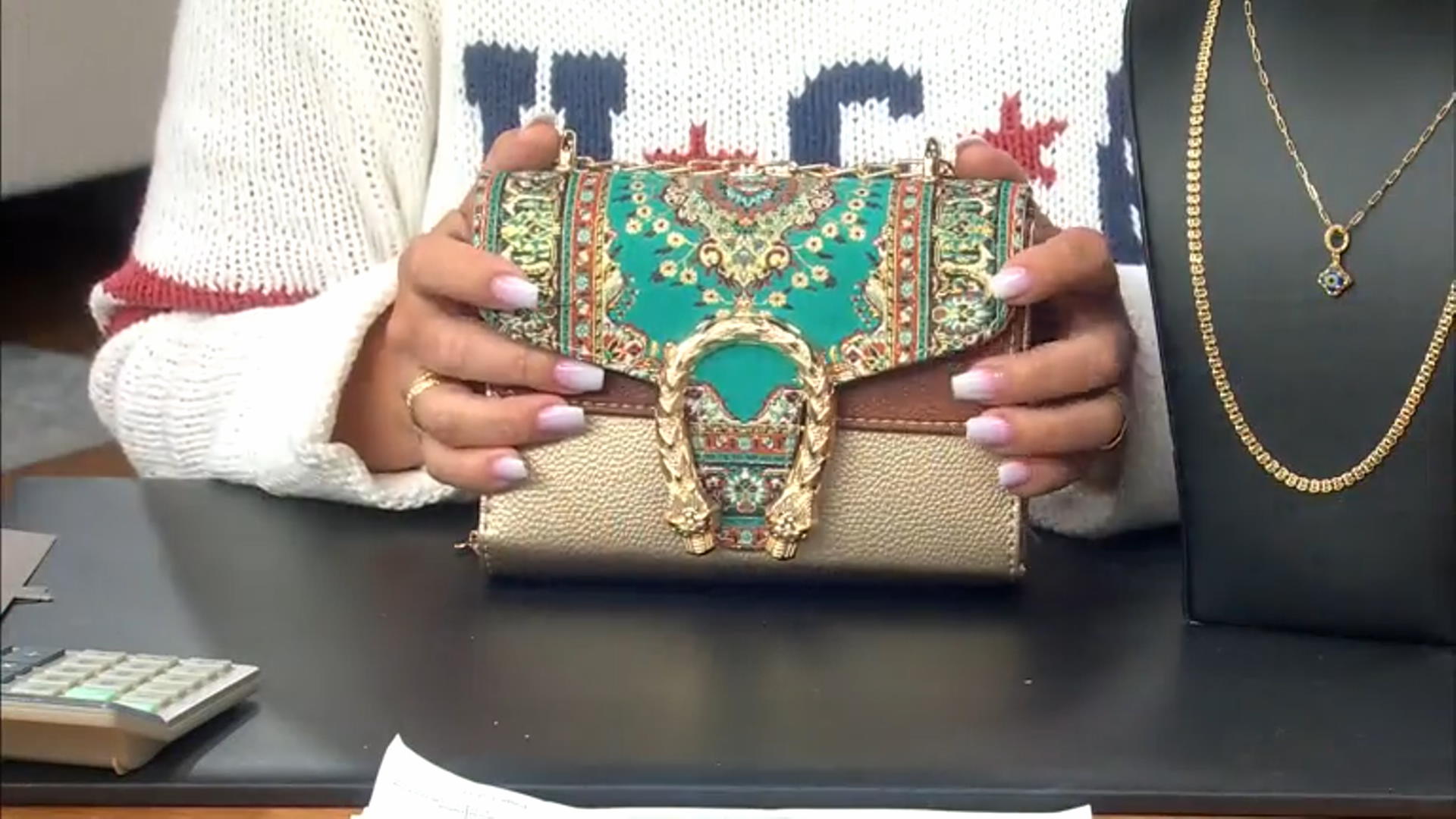 Gold Tone Imitation Leather & Blue Turkish Tapestry Fabric Clutch Video Thumbnail