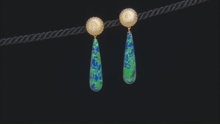 Azurmalachite Simulant With Cubic Zirconia 18K Yellow Gold Over Sterling Silver Earrings 0.12ctw Video Thumbnail