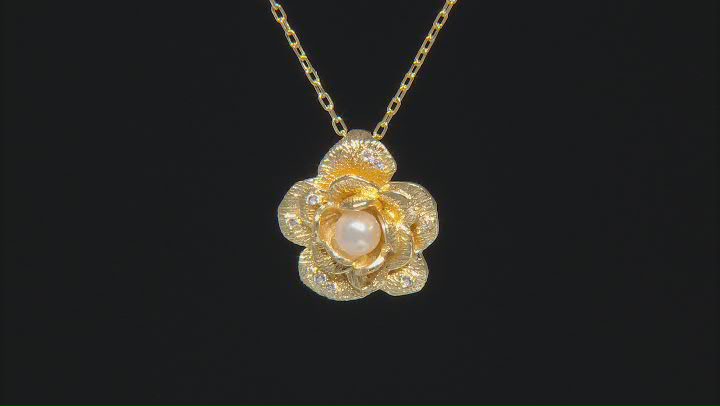Pearl & Diamond Simulant 18K Yellow Gold Over Sterling Silver Flower Necklace 0.10ctw Video Thumbnail