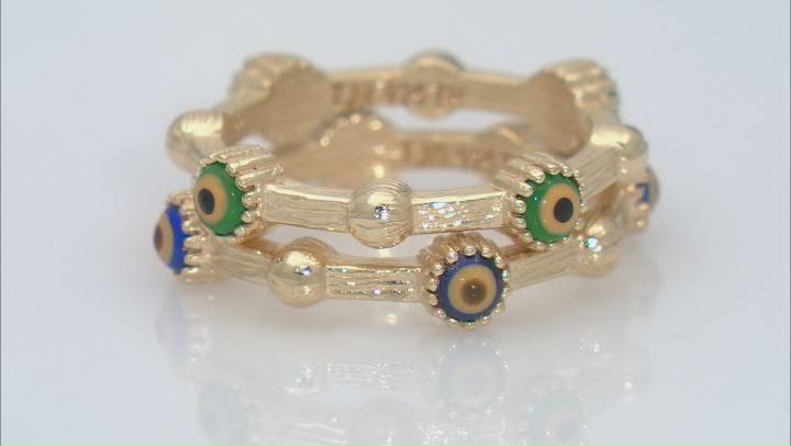 Multi-Color Enamel Set of Two 18k Yellow Gold Over Sterling Silver Evil Eye Rings Video Thumbnail