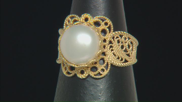 Cultured Freshwater Pearl 18K Yellow Gold Over Sterling Silver Lace Ring Video Thumbnail