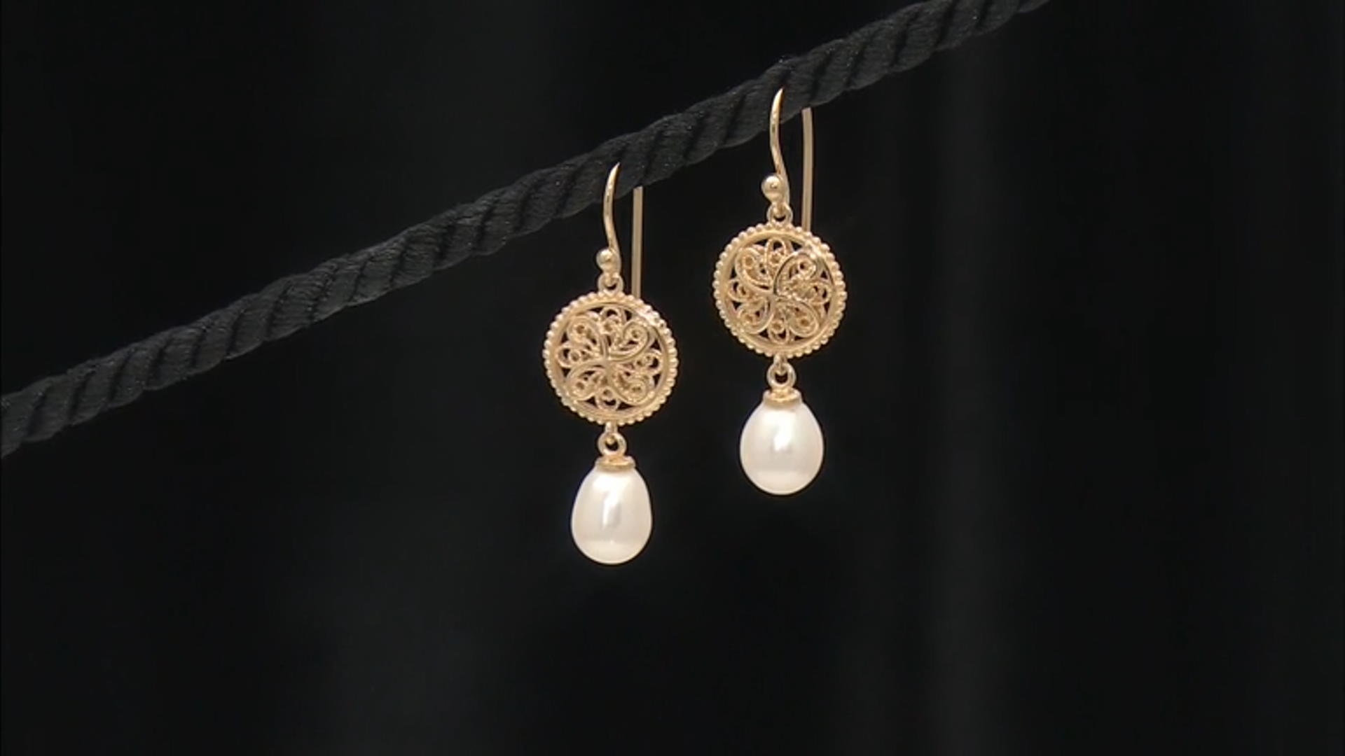 8-9mm Cultured Freshwater Pearl 18K Yellow Gold Over Sterling Silver Lace Earrings Video Thumbnail