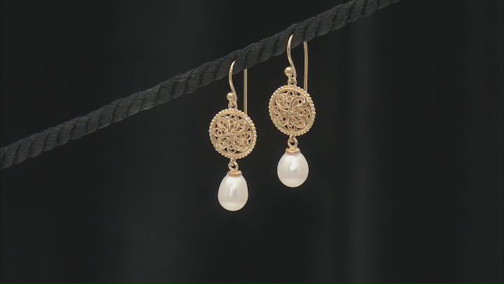 8-9mm Cultured Freshwater Pearl 18K Yellow Gold Over Sterling Silver Lace Earrings Video Thumbnail