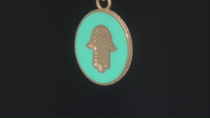 Turquoise Color Enamel 18K Yellow Gold Over Sterling Silver Hamsa Hand Pendant Video Thumbnail