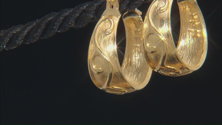 18K Yellow Gold Over Sterling Silver Scroll Pattern Hoop Earrings Video Thumbnail