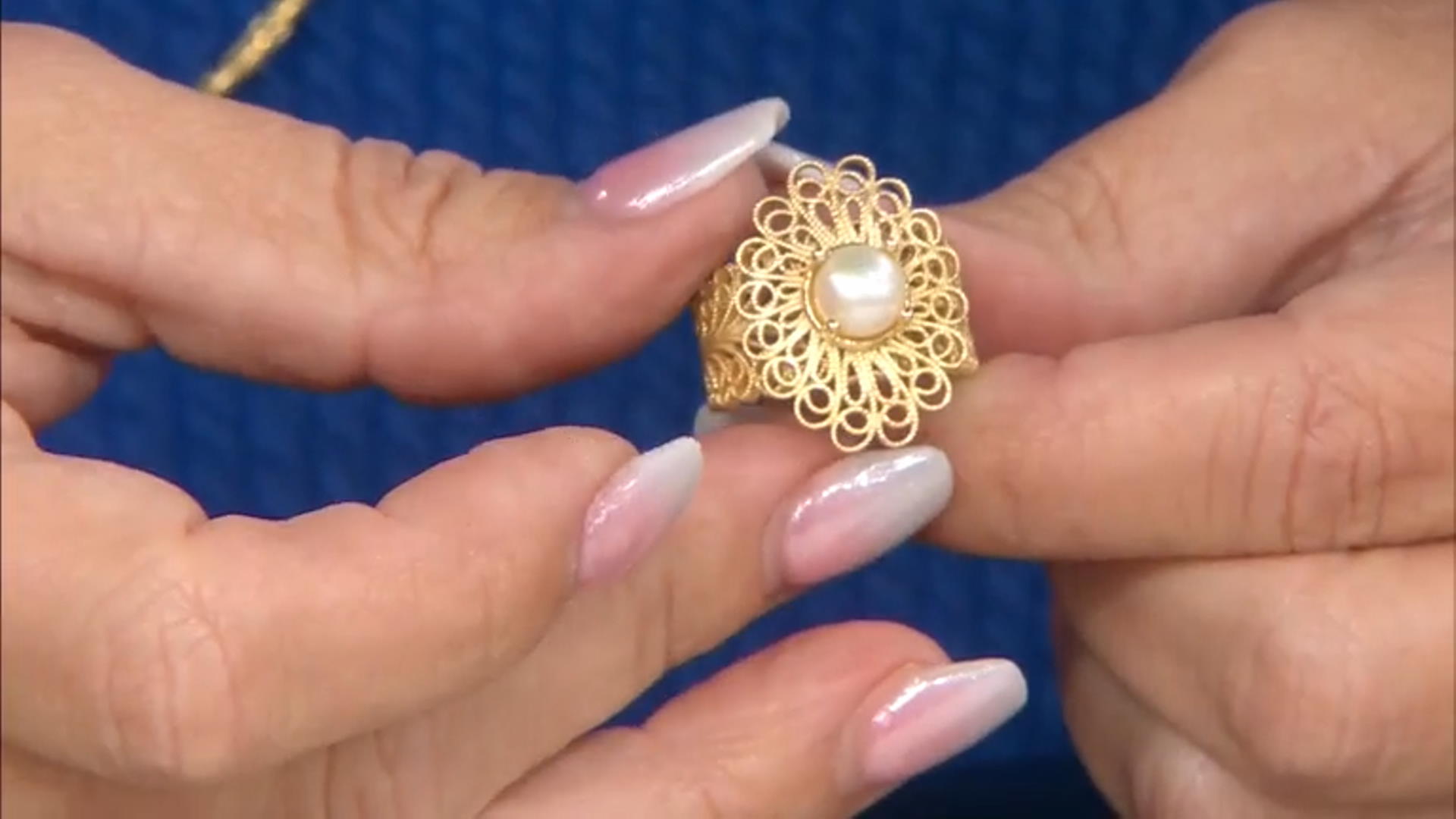 Cultured Freshwater Pearl 18K Yellow Gold Over Sterling Silver Filigree Ring 6.5-7mm Video Thumbnail