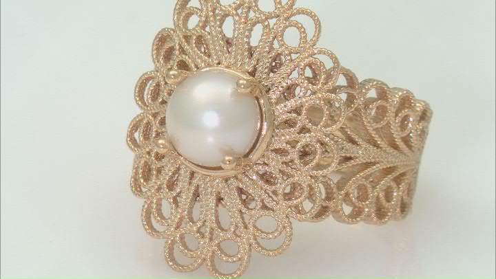 Cultured Freshwater Pearl 18K Yellow Gold Over Sterling Silver Filigree Ring 6.5-7mm Video Thumbnail