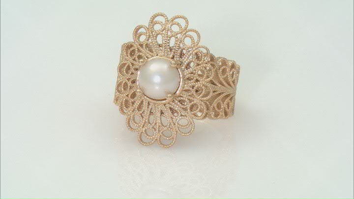 Cultured Freshwater Pearl 18K Yellow Gold Over Sterling Silver Filigree Ring 6.5-7mm Video Thumbnail