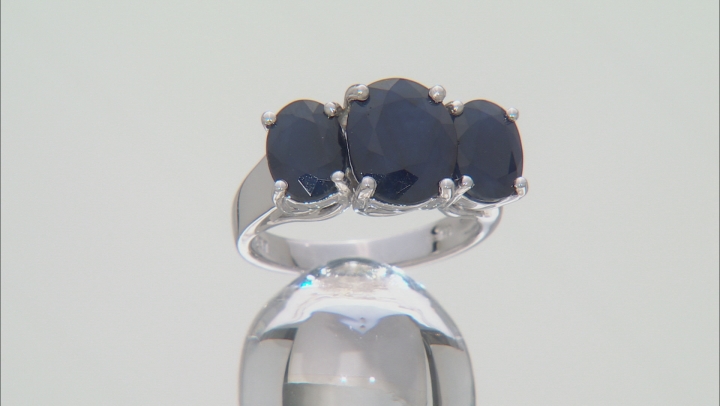 Blue Sapphire Rhodium Over Sterling Silver 3 Stone Ring 5.25ctw Video Thumbnail