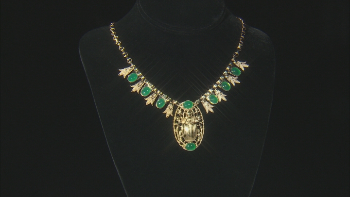 Green Onyx 18k Yellow Gold Over Brass Scarab Necklace