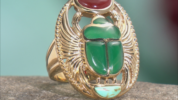 Multi Stone 18K Yellow Gold Over Brass Egyptian Inspired Scarab Ring Video Thumbnail