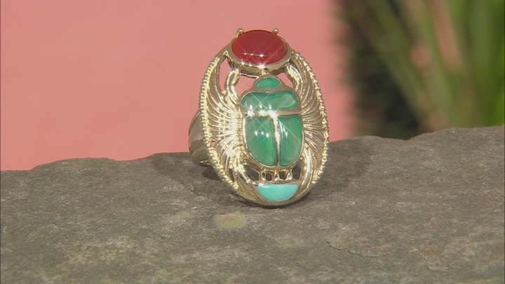 Multi Stone 18K Yellow Gold Over Brass Egyptian Inspired Scarab Ring Video Thumbnail