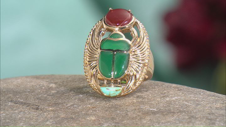 Multi Stone 18K Yellow Gold Over Brass Egyptian Inspired Scarab Ring Video Thumbnail