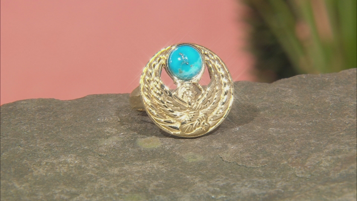 Turquoise 18k Yellow Gold Over Brass Egyptian Ma'at Design Ring Video Thumbnail